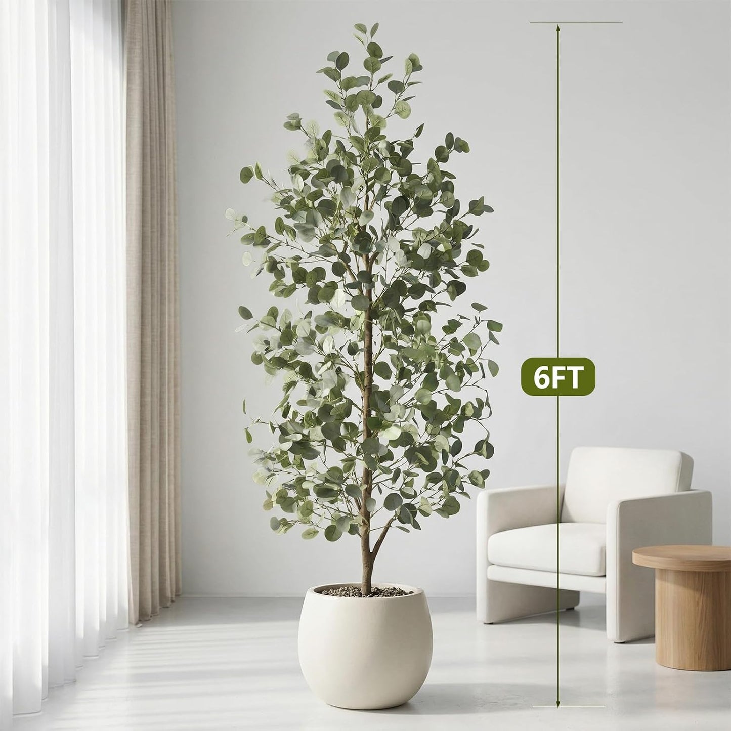 6FT Tall Fake Eucalyptus Plant, Green Silver Dollar Leaves Faux Tree, Artificial Eucalyptus Tree Potted Silk Faux Eucalyptus Tree for Home Office Livingroom Floor Decor Indoor (1, White, 6FT)