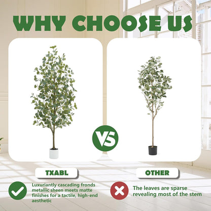 6FT Tall Fake Eucalyptus Plant, Green Silver Dollar Leaves Faux Tree, Artificial Eucalyptus Tree Potted Silk Faux Eucalyptus Tree for Home Office Livingroom Floor Decor Indoor (1, White, 6FT)