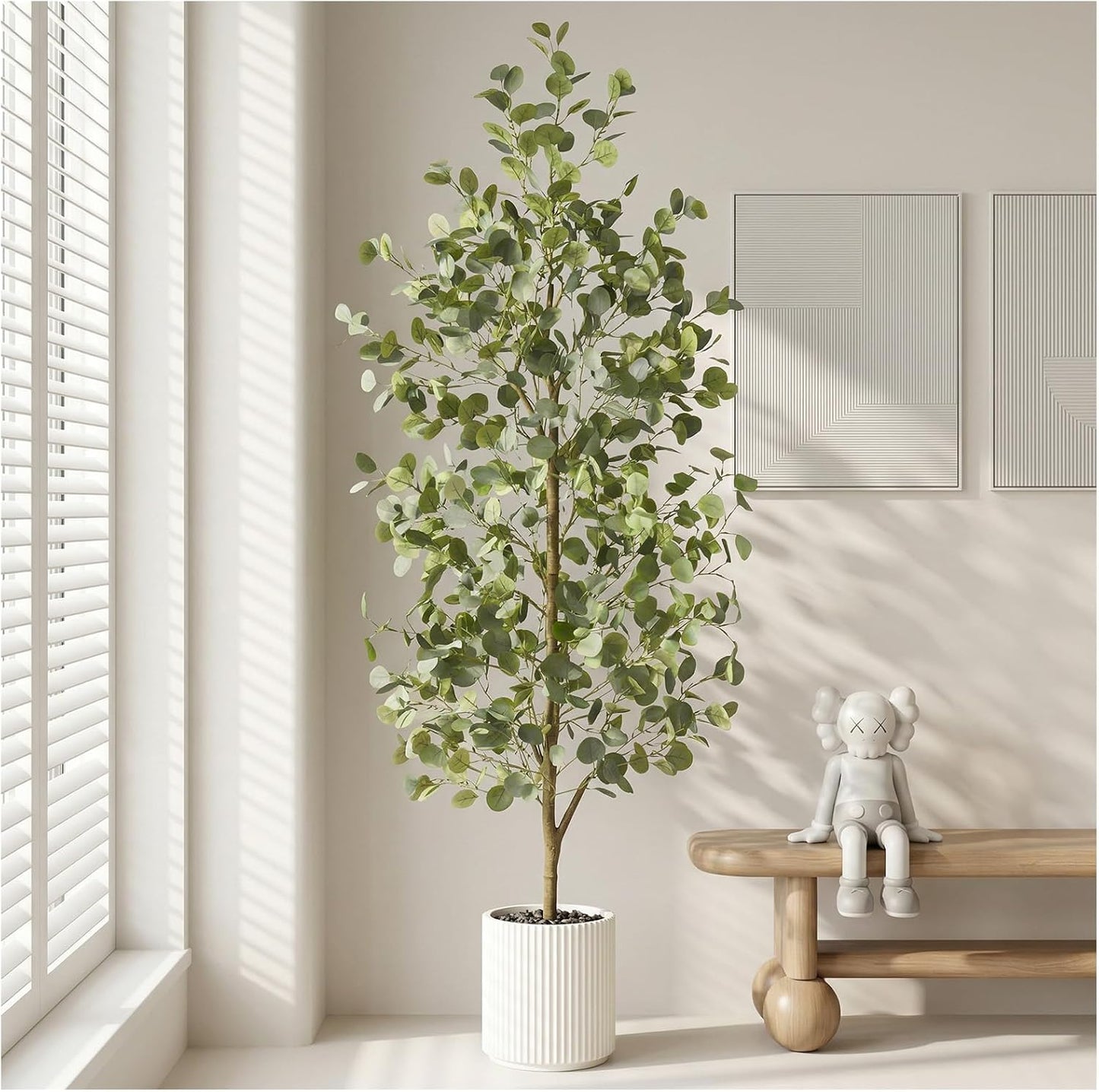 6FT Tall Fake Eucalyptus Plant, Green Silver Dollar Leaves Faux Tree, Artificial Eucalyptus Tree Potted Silk Faux Eucalyptus Tree for Home Office Livingroom Floor Decor Indoor (1, White, 6FT)