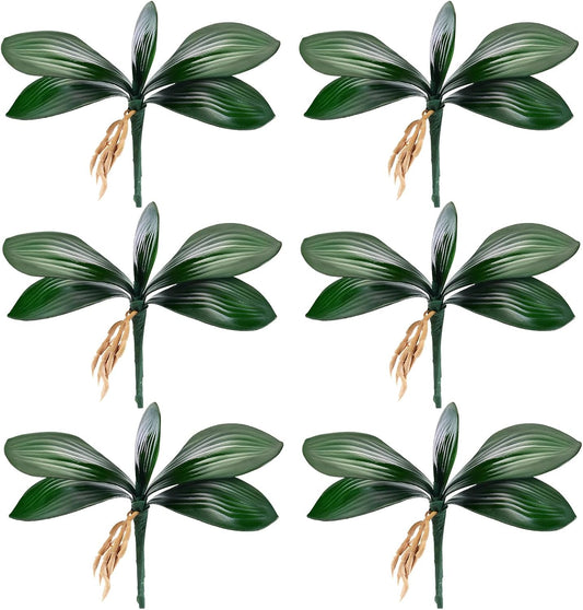 6 Pcs 10.9 Inch Faux Orchid Leaves Artificial Orchids Leaves Phalaenopsis Stems Leaf Green Leaf Plants Green Faux Stem Latex Cymbidium Stems for Flowers Arrangements Pot Decoration