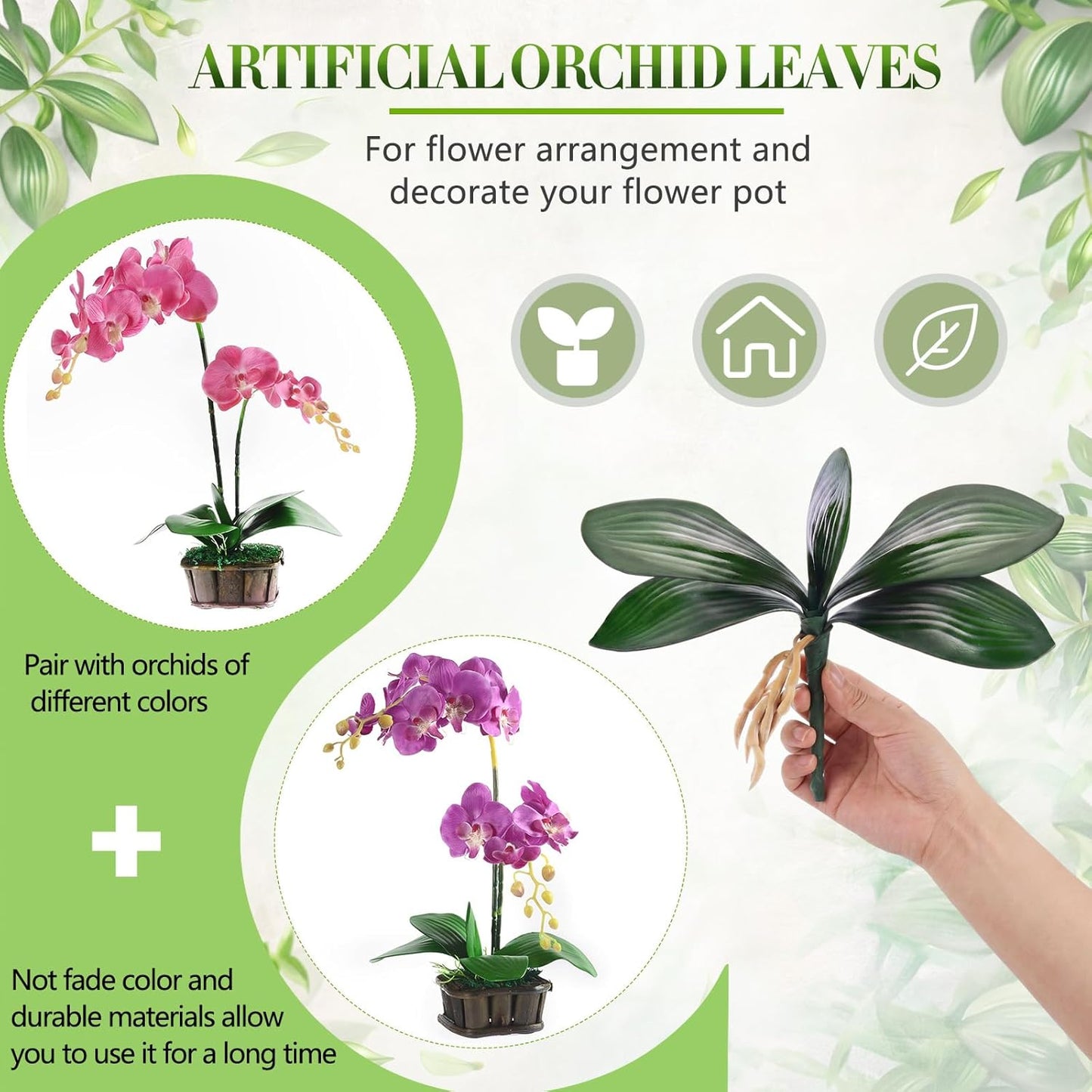 6 Pcs 10.9 Inch Faux Orchid Leaves Artificial Orchids Leaves Phalaenopsis Stems Leaf Green Leaf Plants Green Faux Stem Latex Cymbidium Stems for Flowers Arrangements Pot Decoration