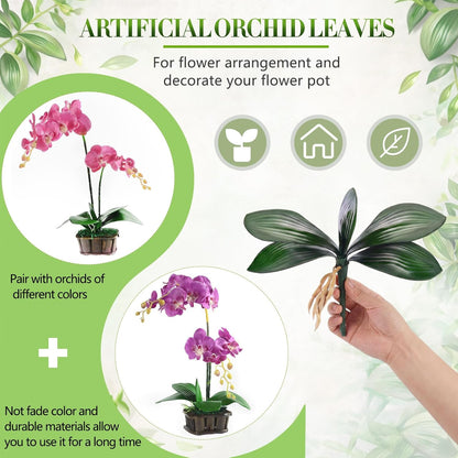 6 Pcs 10.9 Inch Faux Orchid Leaves Artificial Orchids Leaves Phalaenopsis Stems Leaf Green Leaf Plants Green Faux Stem Latex Cymbidium Stems for Flowers Arrangements Pot Decoration