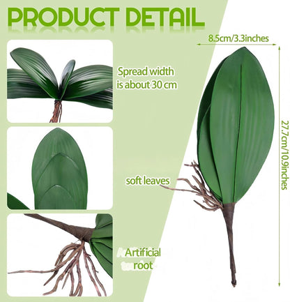 6 Pcs 10.9 Inch Faux Orchid Leaves Artificial Orchids Leaves Phalaenopsis Stems Leaf Green Leaf Plants Green Faux Stem Latex Cymbidium Stems for Flowers Arrangements Pot Decoration