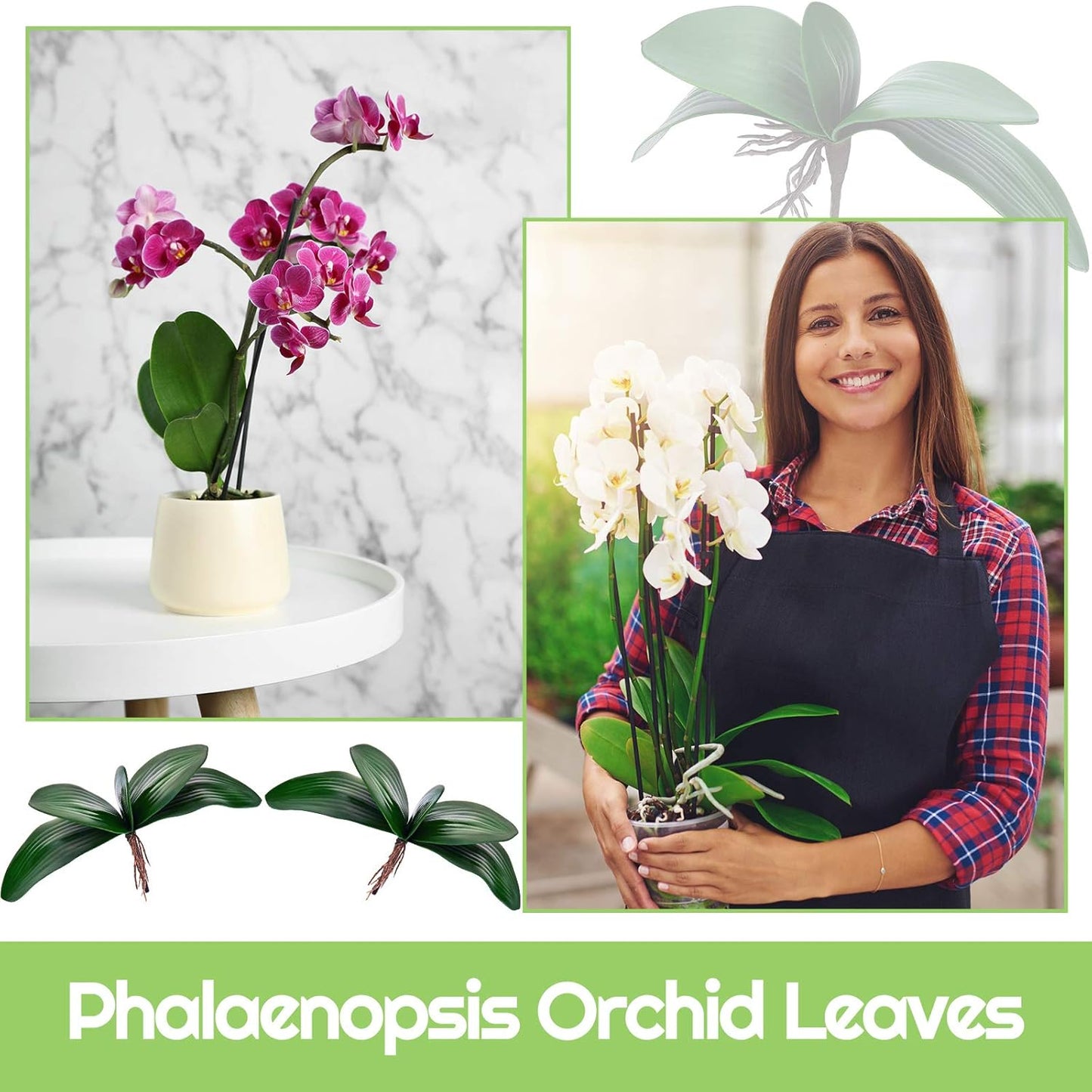 6 Pcs 10.9 Inch Faux Orchid Leaves Artificial Orchids Leaves Phalaenopsis Stems Leaf Green Leaf Plants Green Faux Stem Latex Cymbidium Stems for Flowers Arrangements Pot Decoration