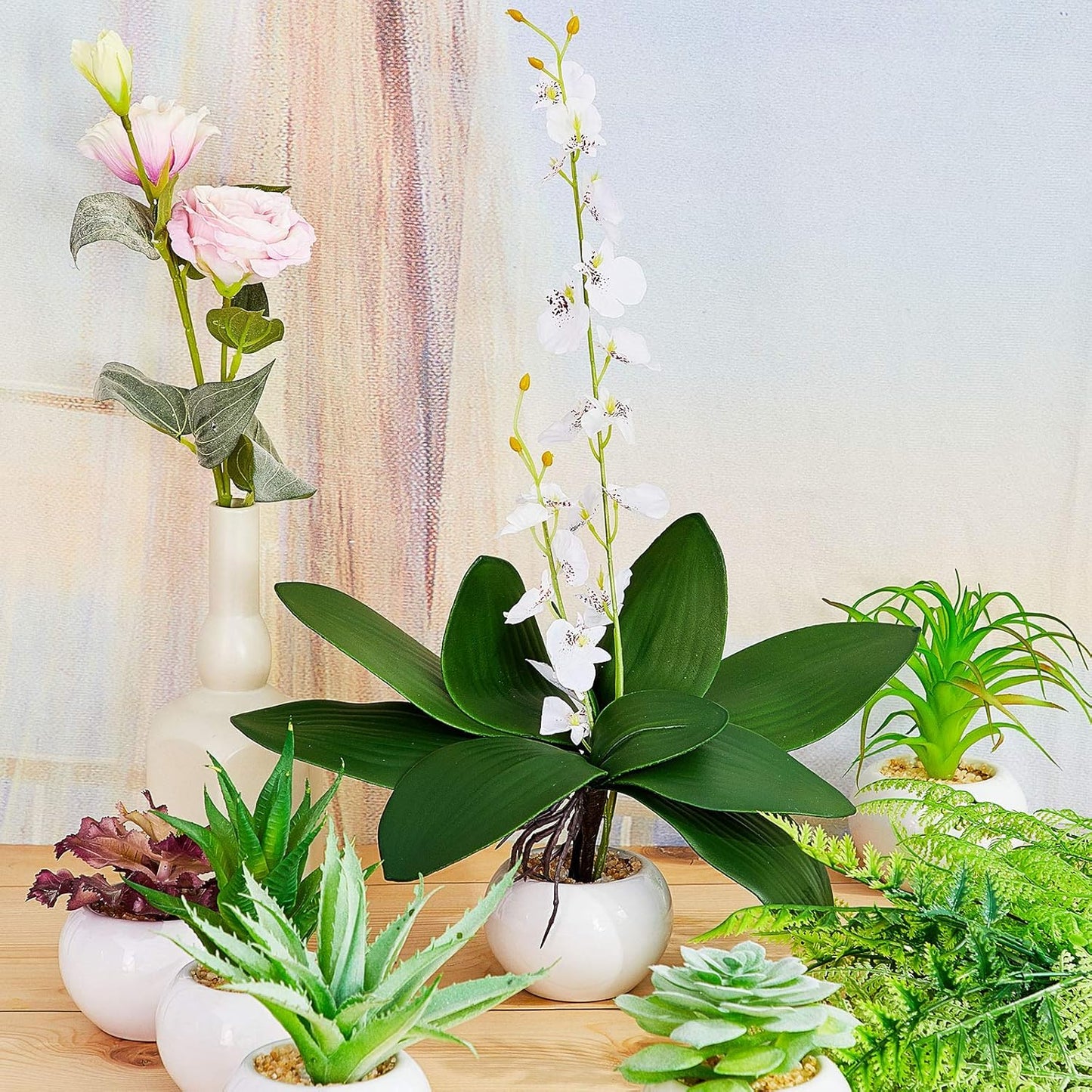 6 Pcs 10.9 Inch Faux Orchid Leaves Artificial Orchids Leaves Phalaenopsis Stems Leaf Green Leaf Plants Green Faux Stem Latex Cymbidium Stems for Flowers Arrangements Pot Decoration