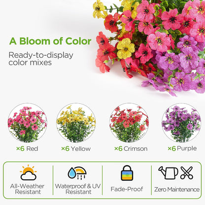 Artificial Flowers for Outdoors Fake Silk Faux Plant 4 Hues 12 Pcs | Outdoors, UV Resistant, Indoor, Outside, Bendable, Adjustable Stems, Look Real, Cemetry, Decoration, Patio, Planter, Pots