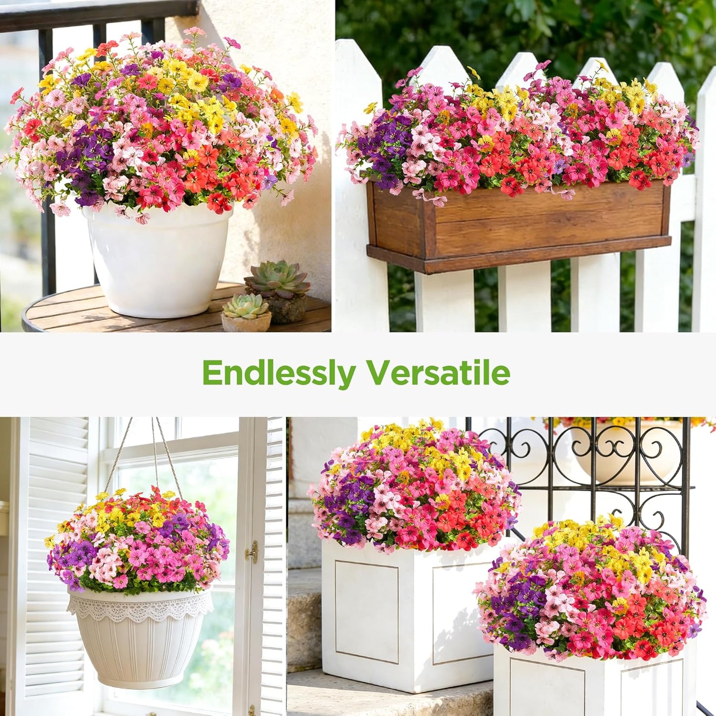 Artificial Flowers for Outdoors Fake Silk Faux Plant 4 Hues 12 Pcs | Outdoors, UV Resistant, Indoor, Outside, Bendable, Adjustable Stems, Look Real, Cemetry, Decoration, Patio, Planter, Pots