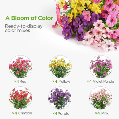 Artificial Flowers for Outdoors Fake Silk Faux Plant 4 Hues 12 Pcs | Outdoors, UV Resistant, Indoor, Outside, Bendable, Adjustable Stems, Look Real, Cemetry, Decoration, Patio, Planter, Pots