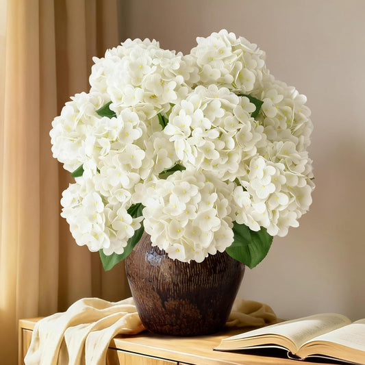 1 Bunch 21in Real Touch Hydrangea Artificial Flowers with 5pcs Flower Head 10pcs Leaves Faux Hydrangea Flowers for Home Office Decor Wedding Party Arrangements (White, 1 Bunch)