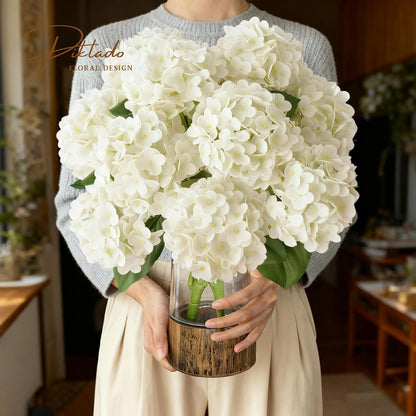 1 Bunch 21in Real Touch Hydrangea Artificial Flowers with 5pcs Flower Head 10pcs Leaves Faux Hydrangea Flowers for Home Office Decor Wedding Party Arrangements (White, 1 Bunch)