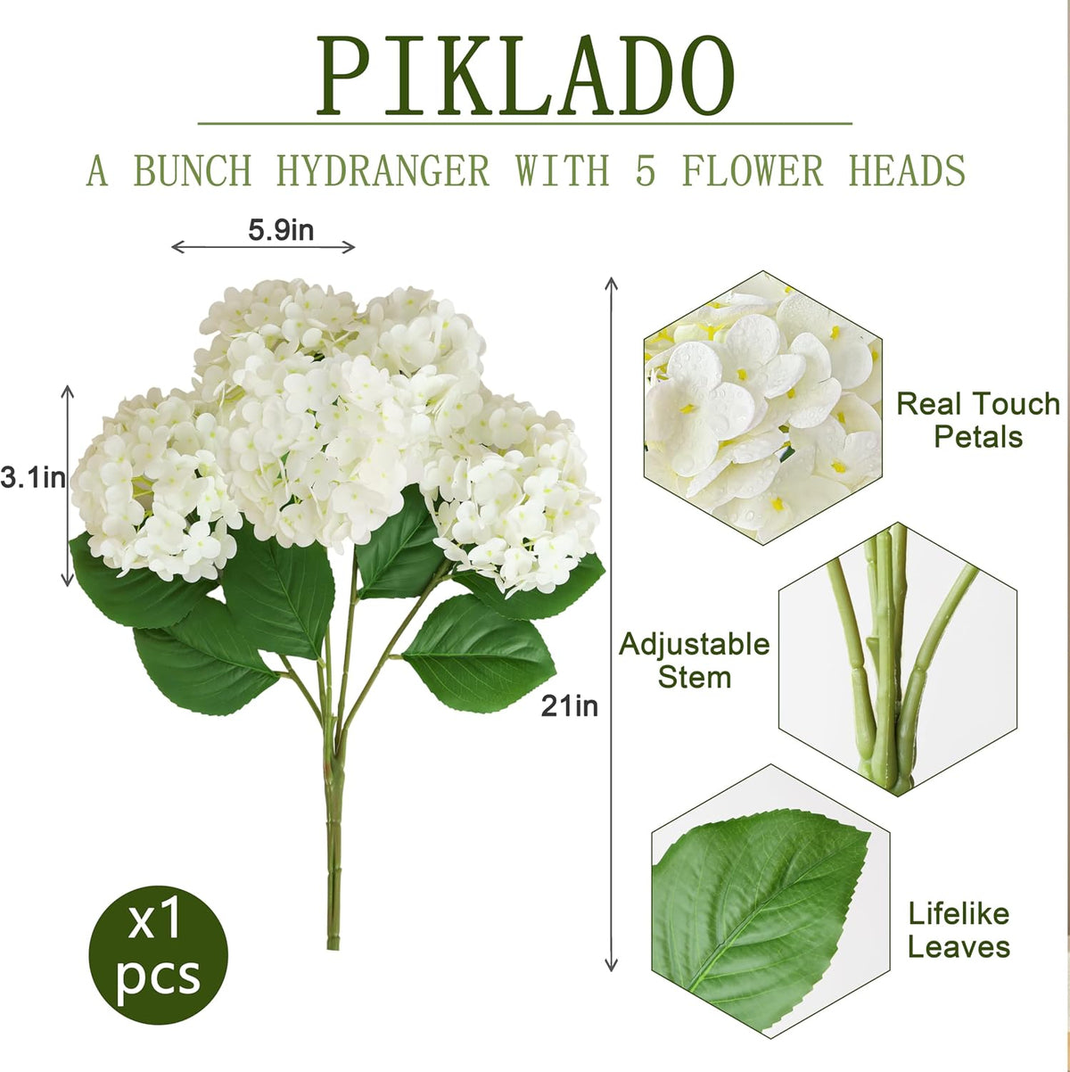 1 Bunch 21in Real Touch Hydrangea Artificial Flowers with 5pcs Flower Head 10pcs Leaves Faux Hydrangea Flowers for Home Office Decor Wedding Party Arrangements (White, 1 Bunch)