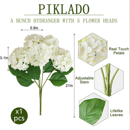1 Bunch 21in Real Touch Hydrangea Artificial Flowers with 5pcs Flower Head 10pcs Leaves Faux Hydrangea Flowers for Home Office Decor Wedding Party Arrangements (White, 1 Bunch)