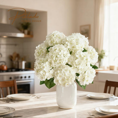 1 Bunch 21in Real Touch Hydrangea Artificial Flowers with 5pcs Flower Head 10pcs Leaves Faux Hydrangea Flowers for Home Office Decor Wedding Party Arrangements (White, 1 Bunch)
