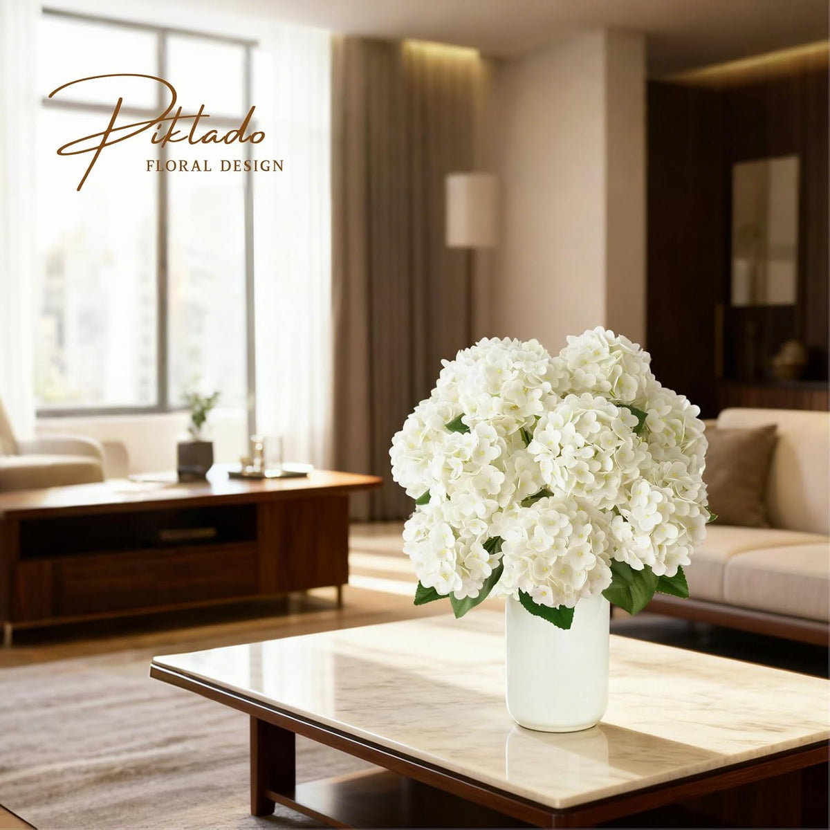 1 Bunch 21in Real Touch Hydrangea Artificial Flowers with 5pcs Flower Head 10pcs Leaves Faux Hydrangea Flowers for Home Office Decor Wedding Party Arrangements (White, 1 Bunch)