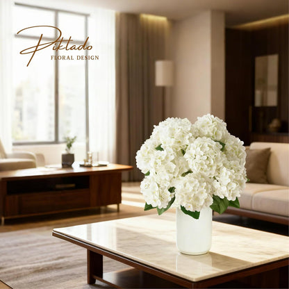 1 Bunch 21in Real Touch Hydrangea Artificial Flowers with 5pcs Flower Head 10pcs Leaves Faux Hydrangea Flowers for Home Office Decor Wedding Party Arrangements (White, 1 Bunch)