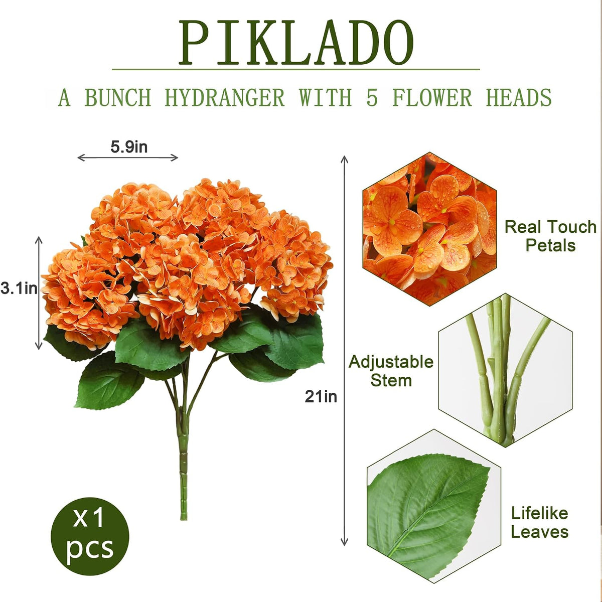 1 Bunch 21in Real Touch Hydrangea Artificial Flowers with 5pcs Flower Head 10pcs Leaves Faux Hydrangea Flowers for Home Office Decor Wedding Party Arrangements (White, 1 Bunch)