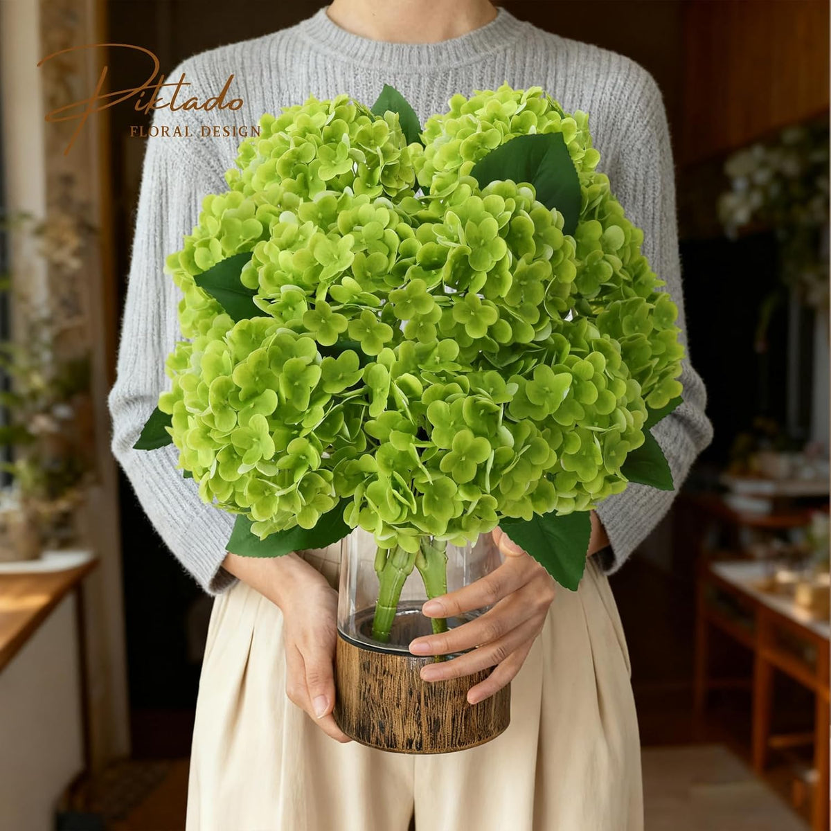 1 Bunch 21in Real Touch Hydrangea Artificial Flowers with 5pcs Flower Head 10pcs Leaves Faux Hydrangea Flowers for Home Office Decor Wedding Party Arrangements (White, 1 Bunch)