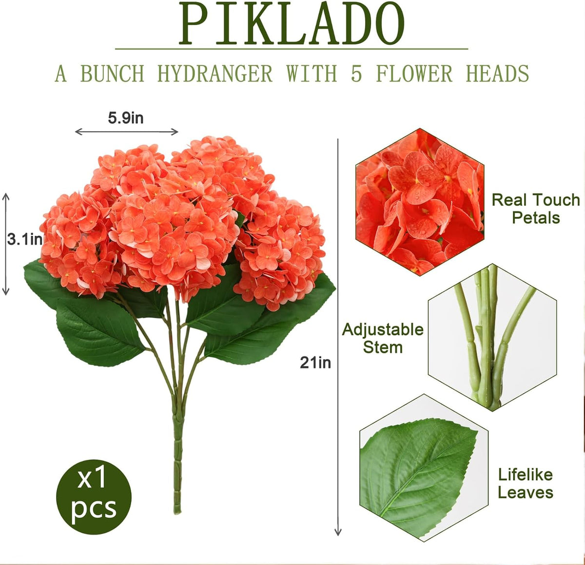 1 Bunch 21in Real Touch Hydrangea Artificial Flowers with 5pcs Flower Head 10pcs Leaves Faux Hydrangea Flowers for Home Office Decor Wedding Party Arrangements (White, 1 Bunch)