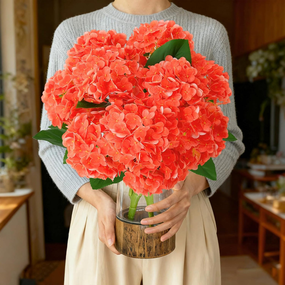 1 Bunch 21in Real Touch Hydrangea Artificial Flowers with 5pcs Flower Head 10pcs Leaves Faux Hydrangea Flowers for Home Office Decor Wedding Party Arrangements (White, 1 Bunch)