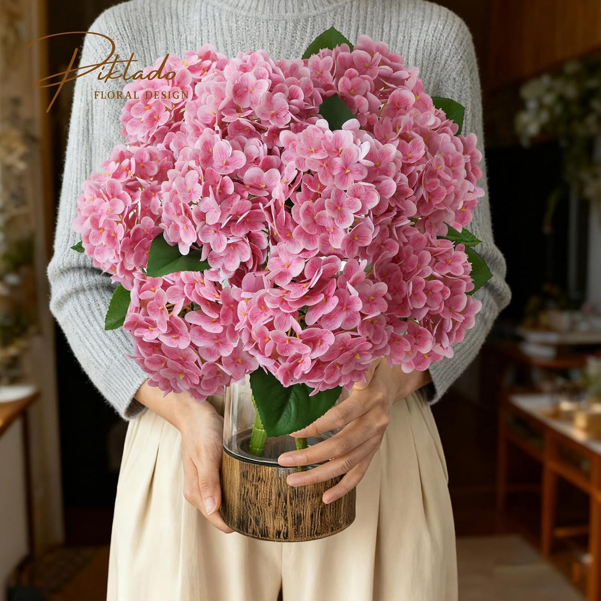 1 Bunch 21in Real Touch Hydrangea Artificial Flowers with 5pcs Flower Head 10pcs Leaves Faux Hydrangea Flowers for Home Office Decor Wedding Party Arrangements (White, 1 Bunch)