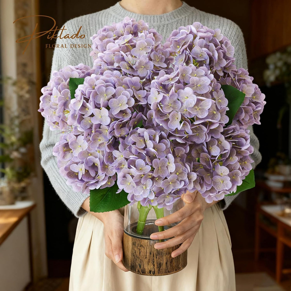 1 Bunch 21in Real Touch Hydrangea Artificial Flowers with 5pcs Flower Head 10pcs Leaves Faux Hydrangea Flowers for Home Office Decor Wedding Party Arrangements (White, 1 Bunch)