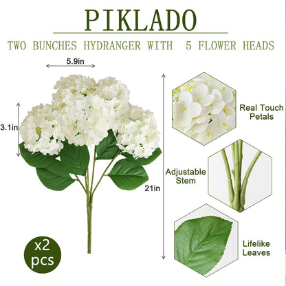 1 Bunch 21in Real Touch Hydrangea Artificial Flowers with 5pcs Flower Head 10pcs Leaves Faux Hydrangea Flowers for Home Office Decor Wedding Party Arrangements (White, 1 Bunch)