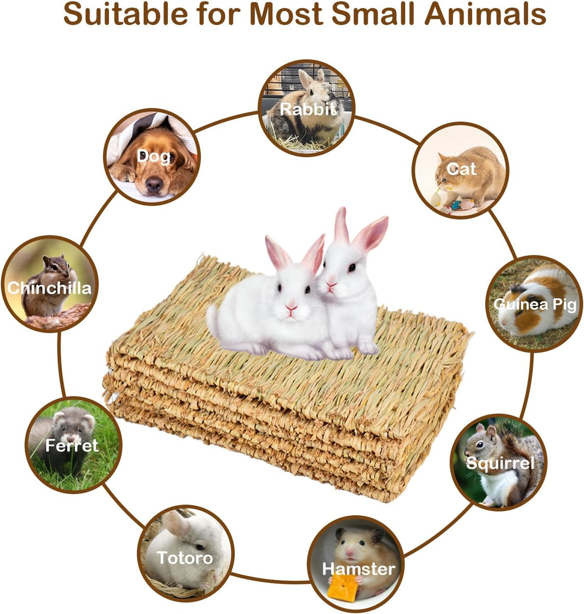 Rabbit Grass Mat,Grass Mats for Rabbits Bunny Natural Straw Woven Bed Small Animal Hay Matt Sleeping, Chewing, Nesting and Toys for Guinea Pig Hamster and Rat Bed Mat (6 Pcs)