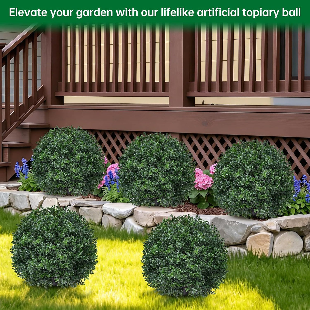 Grooy Artificial 2 Pack Boxwood Topiary Plant with Ground Spike for Outdoor