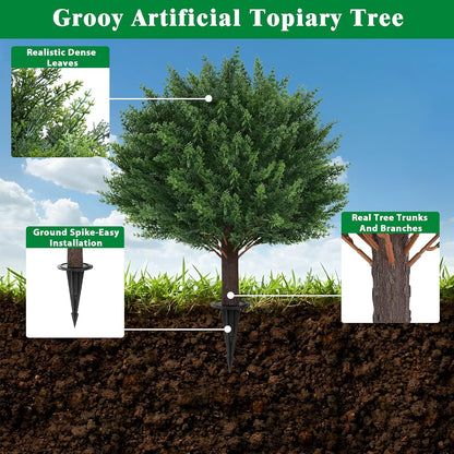 Grooy Artificial 2 Pack Boxwood Topiary Plant with Ground Spike for Outdoor