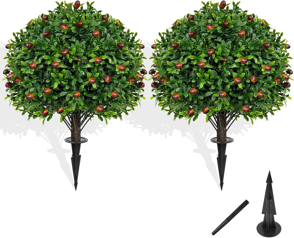 Grooy Artificial 2 Pack Boxwood Topiary Plant with Ground Spike for Outdoor