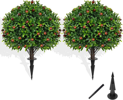 Grooy Artificial 2 Pack Boxwood Topiary Plant with Ground Spike for Outdoor