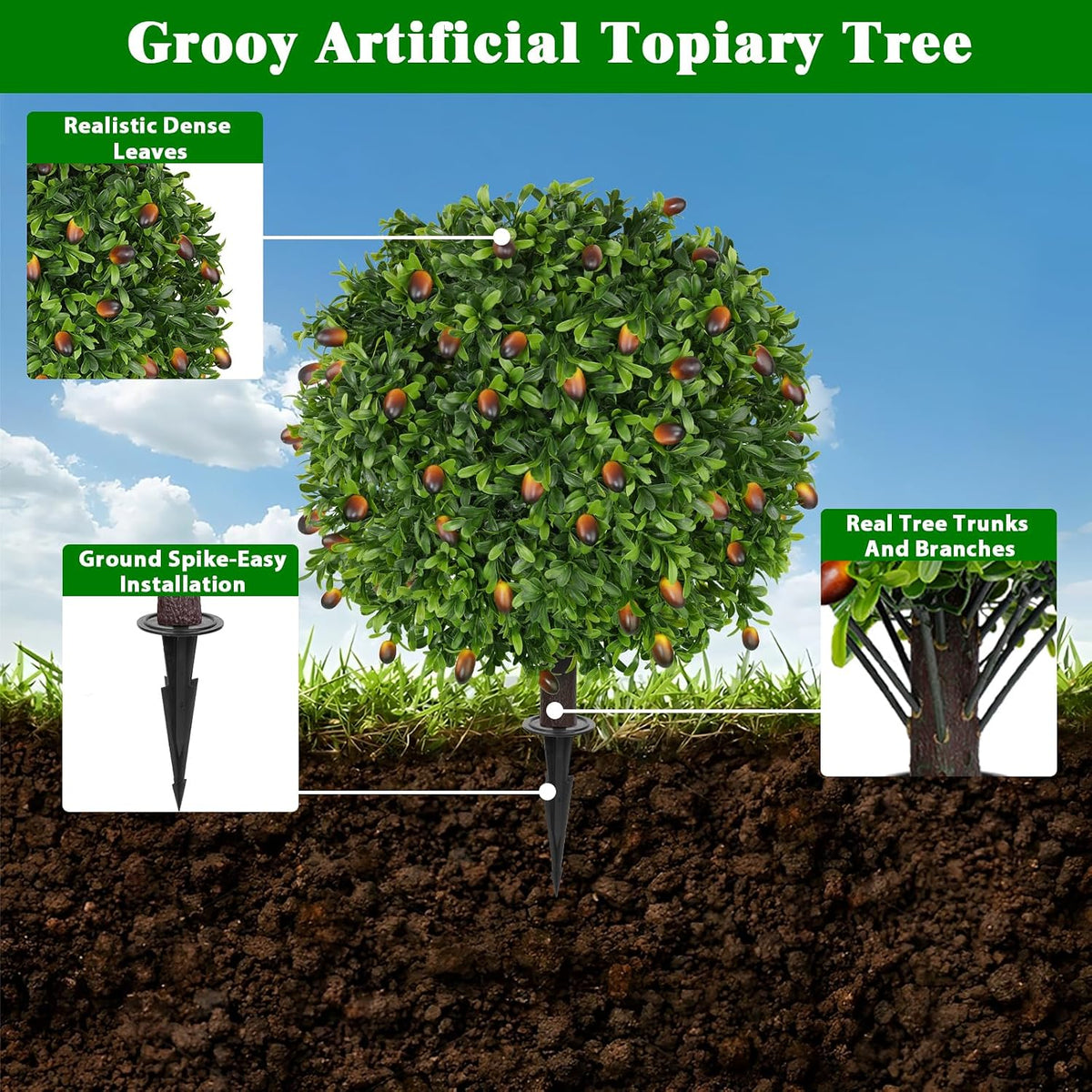 Grooy Artificial 2 Pack Boxwood Topiary Plant with Ground Spike for Outdoor