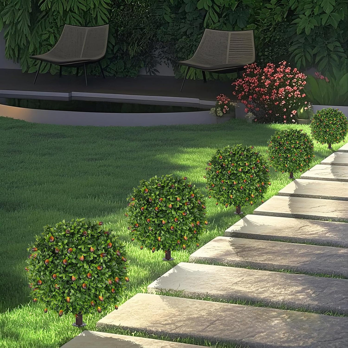 Grooy Artificial 2 Pack Boxwood Topiary Plant with Ground Spike for Outdoor