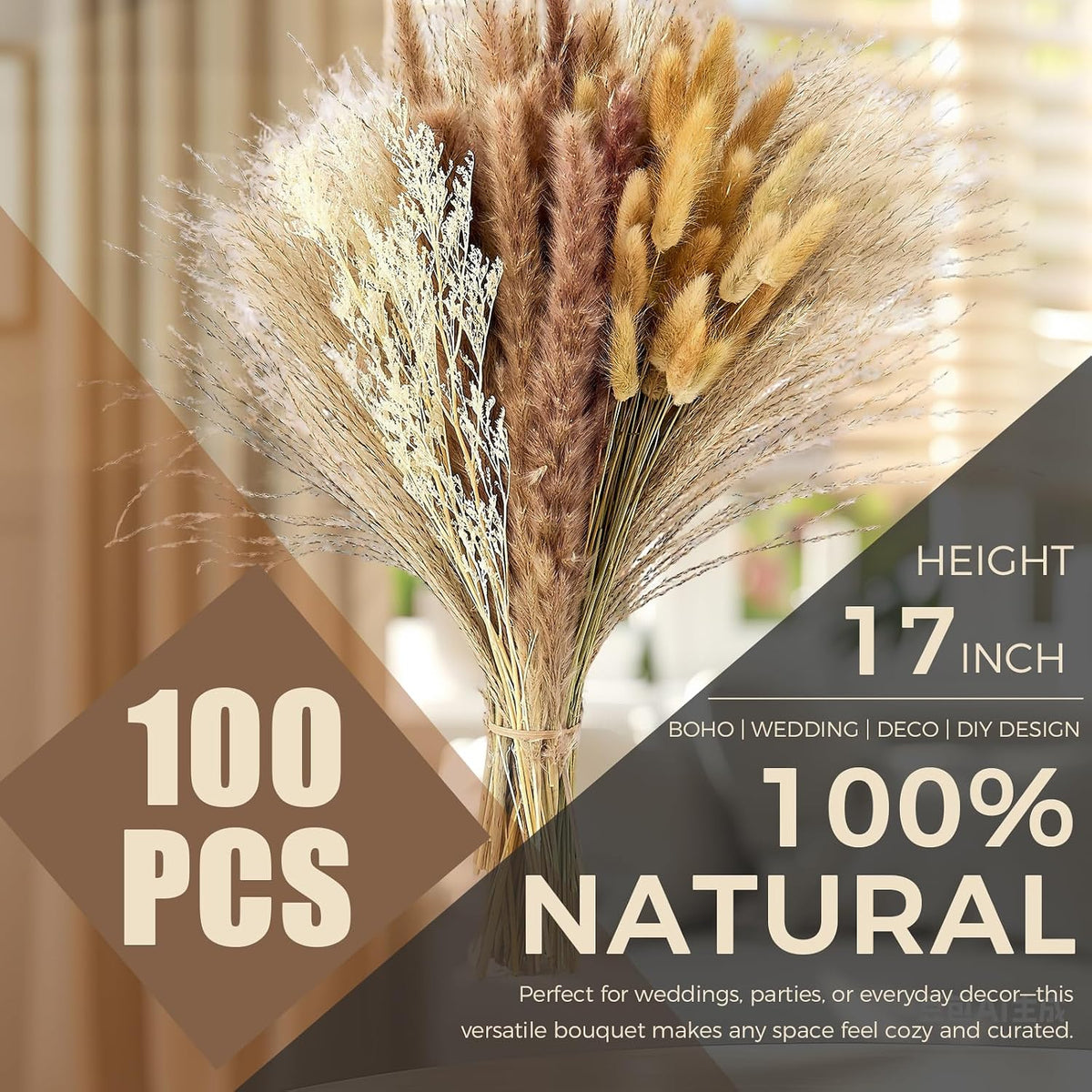 Pampas Grass Decor, Dried Flowers Bouquet for Boho Home Farmhouse Decor