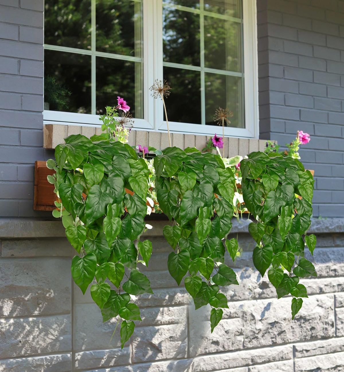 2 Packs UV Resistant Artificial Hanging Plants Outdoors & Indoors, 33" Large Fake Pothos Ivy Vines Plants Faux Hanging Greenery for Planter, Shelf, Window Box, Porch, Patio, Garden Decor