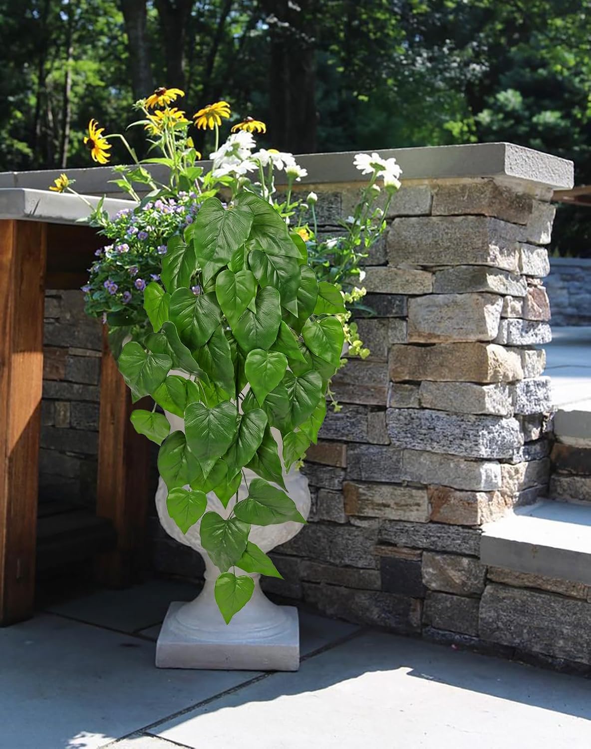 2 Packs UV Resistant Artificial Hanging Plants Outdoors & Indoors, 33" Large Fake Pothos Ivy Vines Plants Faux Hanging Greenery for Planter, Shelf, Window Box, Porch, Patio, Garden Decor
