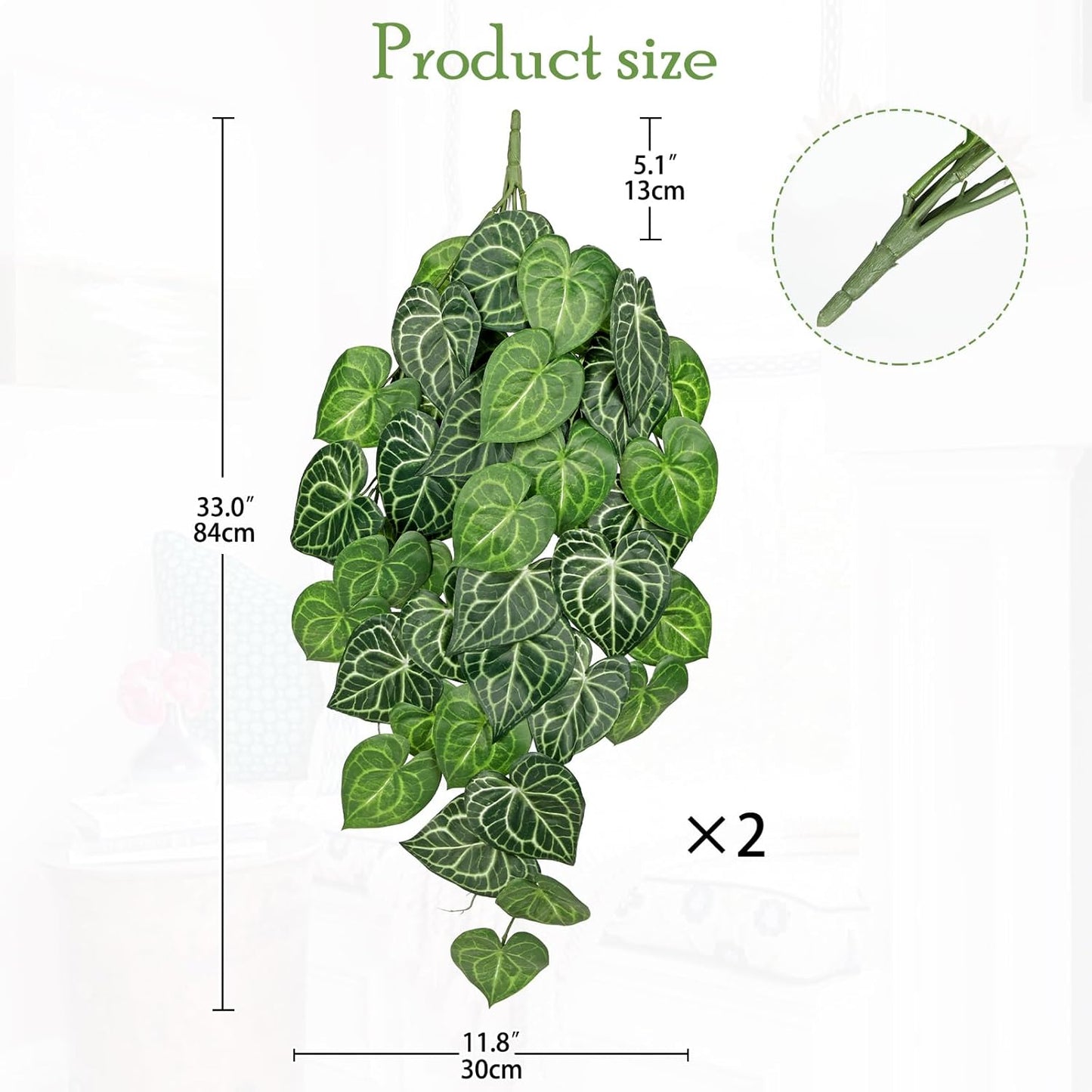 2 Packs UV Resistant Artificial Hanging Plants Outdoors & Indoors, 33" Large Fake Pothos Ivy Vines Plants Faux Hanging Greenery for Planter, Shelf, Window Box, Porch, Patio, Garden Decor
