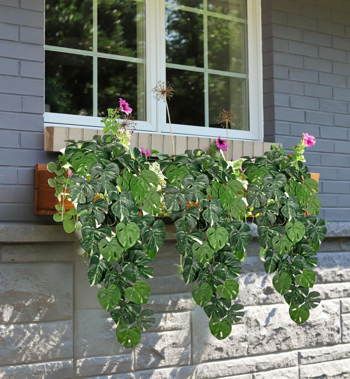 2 Packs UV Resistant Artificial Hanging Plants Outdoors & Indoors, 33" Large Fake Pothos Ivy Vines Plants Faux Hanging Greenery for Planter, Shelf, Window Box, Porch, Patio, Garden Decor