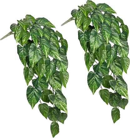 2 Packs UV Resistant Artificial Hanging Plants Outdoors & Indoors, 33" Large Fake Pothos Ivy Vines Plants Faux Hanging Greenery for Planter, Shelf, Window Box, Porch, Patio, Garden Decor