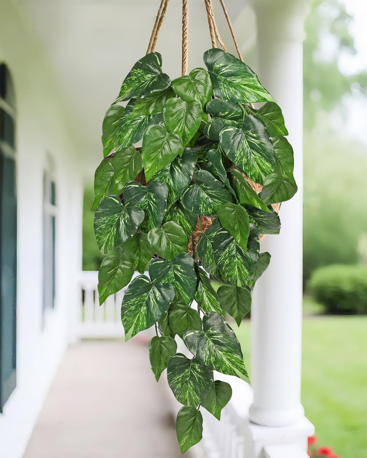 2 Packs UV Resistant Artificial Hanging Plants Outdoors & Indoors, 33" Large Fake Pothos Ivy Vines Plants Faux Hanging Greenery for Planter, Shelf, Window Box, Porch, Patio, Garden Decor