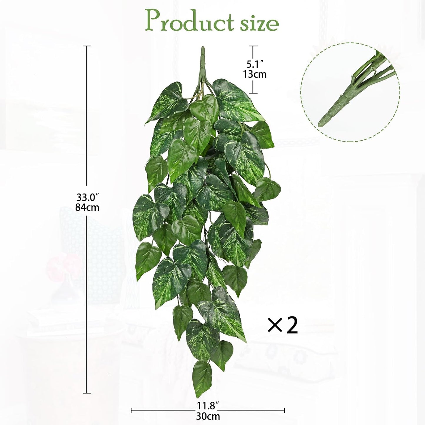 2 Packs UV Resistant Artificial Hanging Plants Outdoors & Indoors, 33" Large Fake Pothos Ivy Vines Plants Faux Hanging Greenery for Planter, Shelf, Window Box, Porch, Patio, Garden Decor