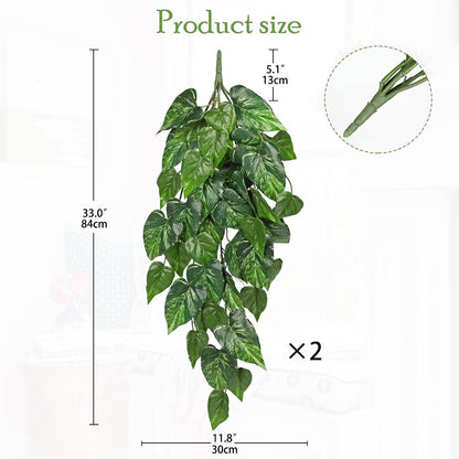 2 Packs UV Resistant Artificial Hanging Plants Outdoors & Indoors, 33" Large Fake Pothos Ivy Vines Plants Faux Hanging Greenery for Planter, Shelf, Window Box, Porch, Patio, Garden Decor