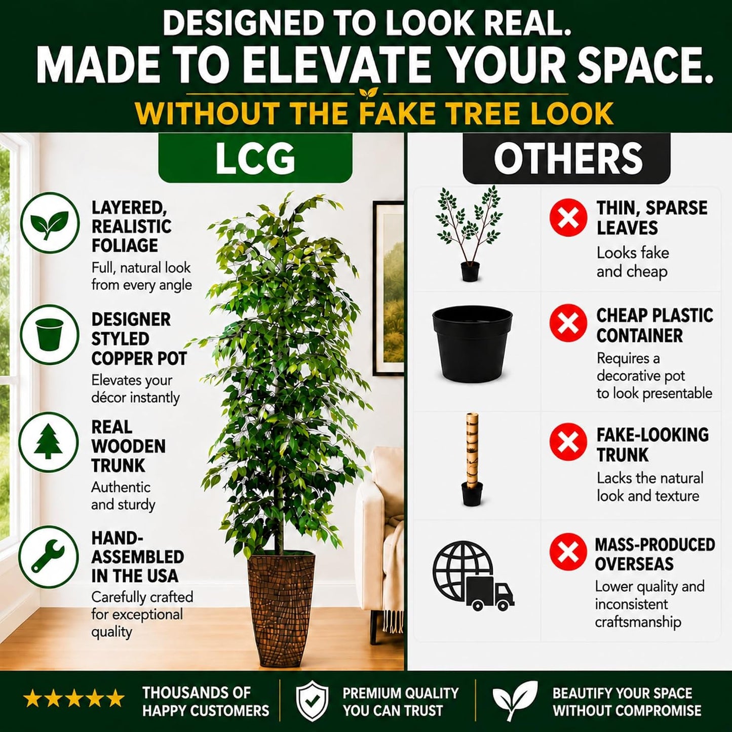 Artificial Tree 4ft Artificial Ficus Tree in Copper Metal Pot – Faux Indoor Plant with Real Wood Trunk, Fully Assembled for Living Room, Office & Entryway Décor