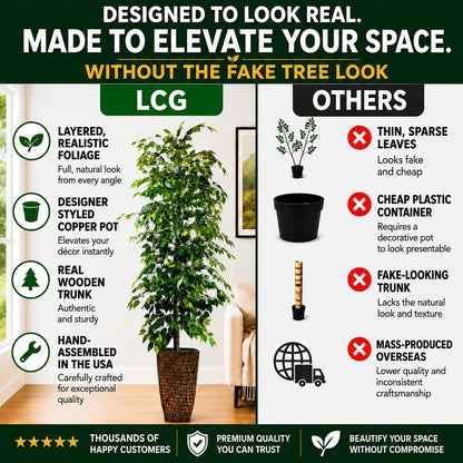 Artificial Tree 4ft Artificial Ficus Tree in Copper Metal Pot – Faux Indoor Plant with Real Wood Trunk, Fully Assembled for Living Room, Office & Entryway Décor