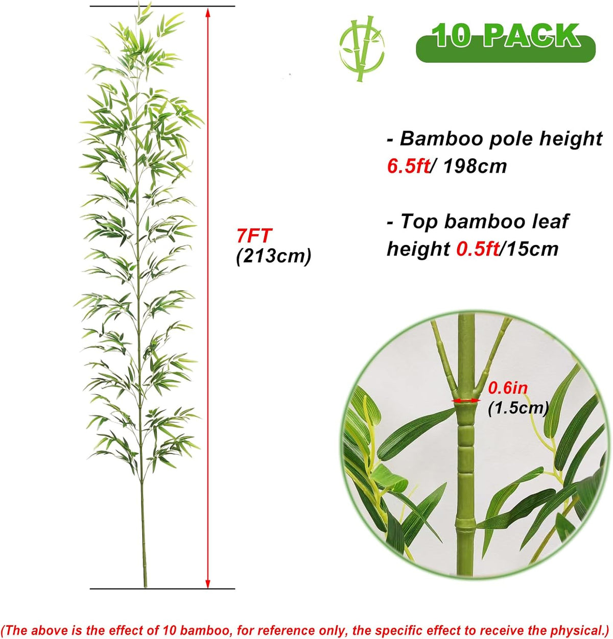 7/8ft Tall Artificial Bamboo Tree 10 Pack, Removable Faux Bamboo Outdoor with Encrypted Silk Leaves for Garden Fence Courtyard Entrance, Privacy Waterproof Fake Plants (7ft/213cm)