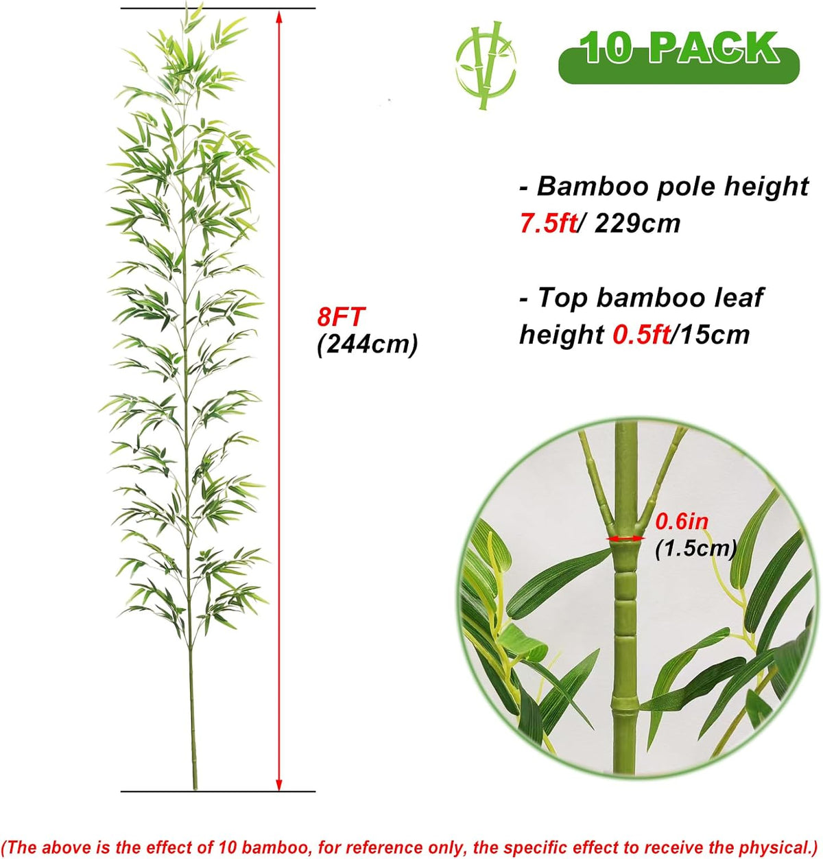 7/8ft Tall Artificial Bamboo Tree 10 Pack, Removable Faux Bamboo Outdoor with Encrypted Silk Leaves for Garden Fence Courtyard Entrance, Privacy Waterproof Fake Plants (7ft/213cm)