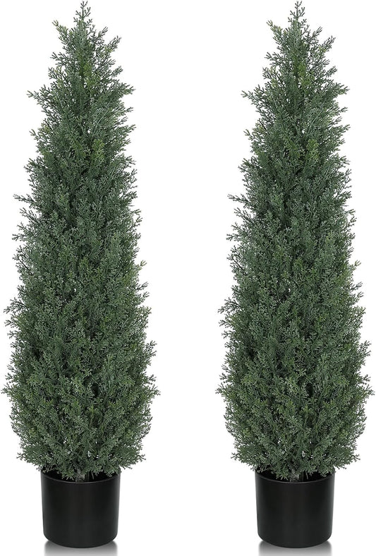 Artificial Cedar Topiary Trees, 6FT Topiary Trees Artificial Outdoor UV Resistant, Realistic Potted Fake Pine Plants Shrubs for Front Porch Home Garden Decor, Set of 2