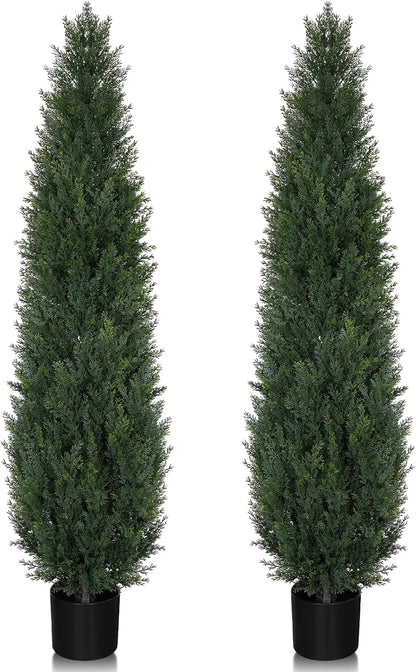 Artificial Cedar Topiary Trees, 6FT Topiary Trees Artificial Outdoor UV Resistant, Realistic Potted Fake Pine Plants Shrubs for Front Porch Home Garden Decor, Set of 2
