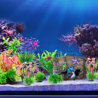 CousDUoBe Fish Broken Barrel Decor Fish Tank Decorations Betta Fish Tank Accessories,Starfish Barrel x 1pc, Aquarium Plants x 8pcs