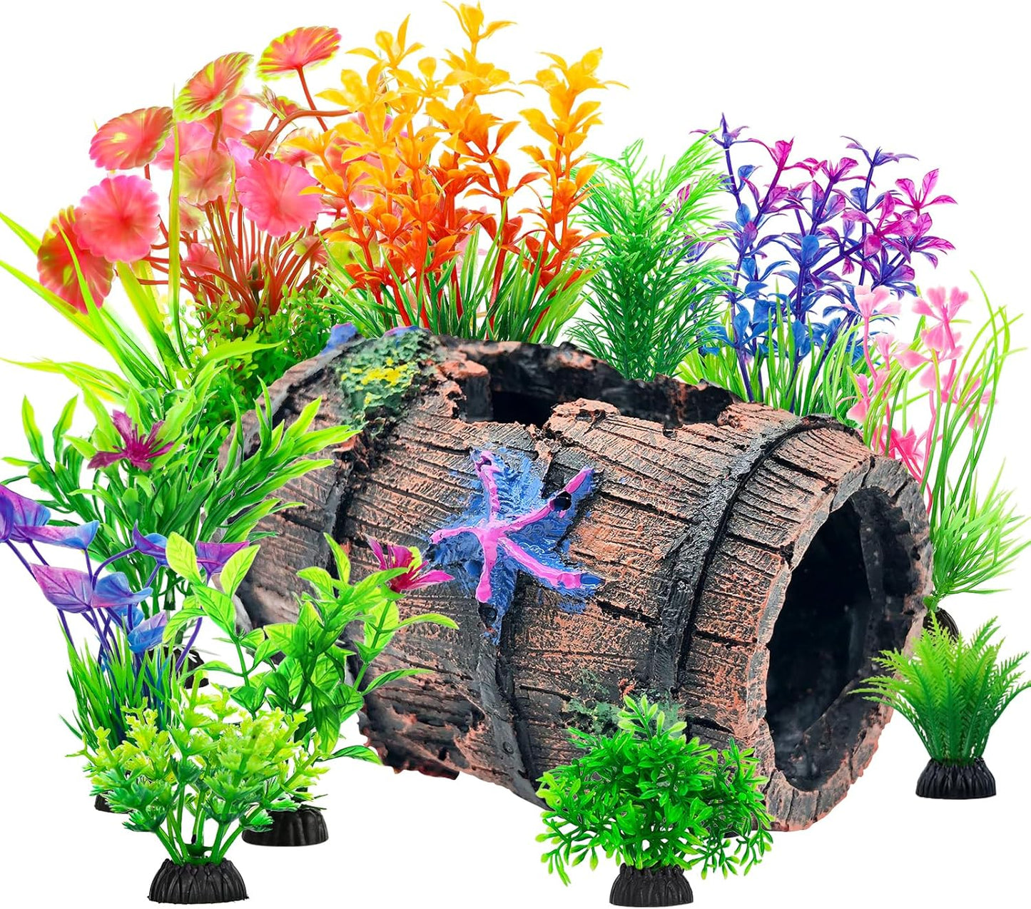 CousDUoBe Fish Broken Barrel Decor Fish Tank Decorations Betta Fish Tank Accessories,Starfish Barrel x 1pc, Aquarium Plants x 8pcs